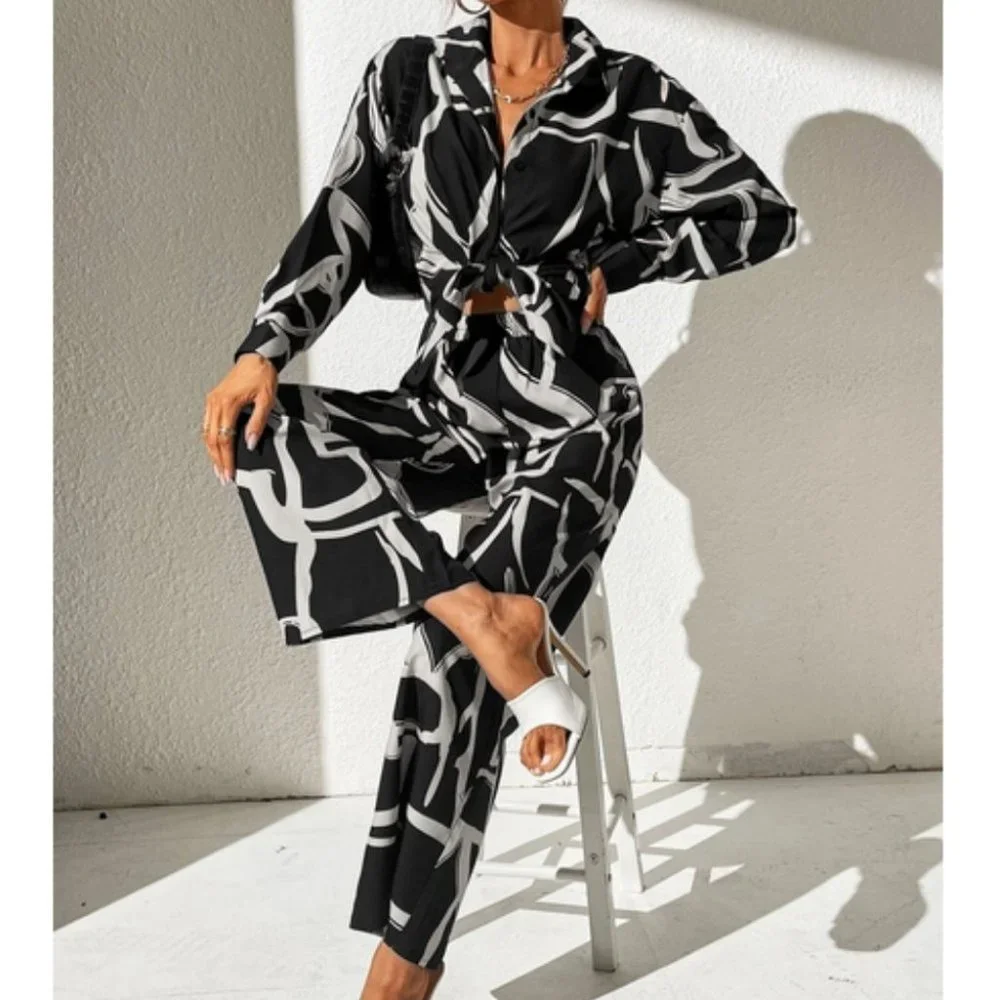 white black shirt & wide leg pant set chic fun - Picture 1 of 6